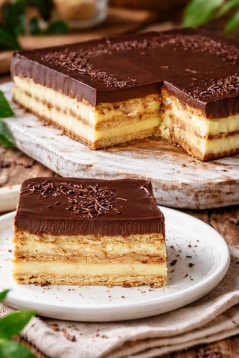 Pastel frío de galleta María con crema pastelera y ganache de chocolate