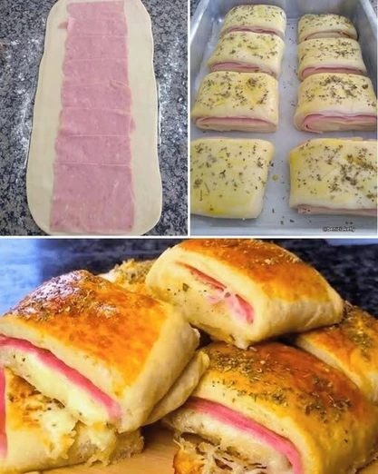 Rollos de pan rellenos de jamón y queso horneados