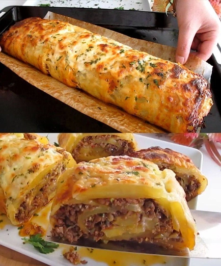 Rollo de Papa Relleno de Carne Molida y Queso Gratinado