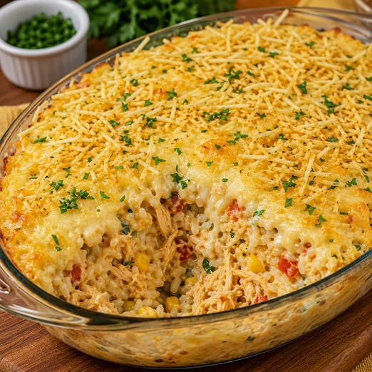 Arroz al Horno Gratinado con Pollo y Papas Paja