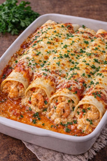 Canelones Rellenos de Camarón Gratinados con Queso y Salsa de Jitomate