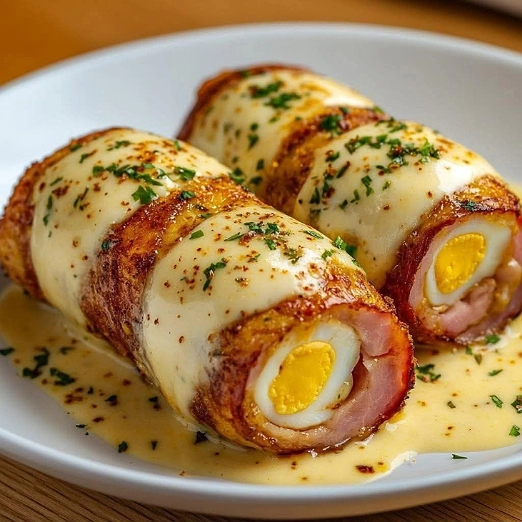 Rollos de Pechuga de Pollo con Tocino Rellenos de Huevo Duro Bañados en Salsa de Queso